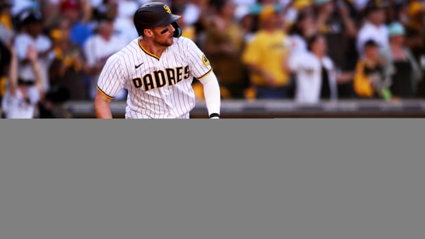 Padres first baseman Brandon Drury hits a go-ahead two-run single in the fifth inning of NLCS Game 2 against the Phillies.